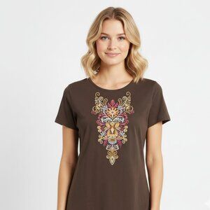 Liz Claiborne Women Vintage Short-Sleeve T-Shirt Brown Size L Floral Print Beads